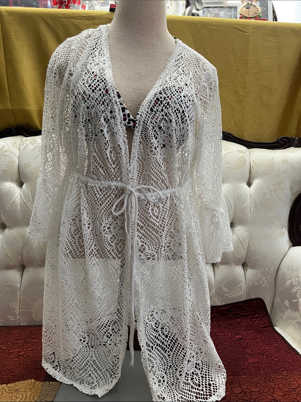Time and Tru White Crochet Tie-Waist Swim Cover-Up